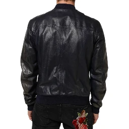 Blue Leather Full Zip Biker Blouson Jacket