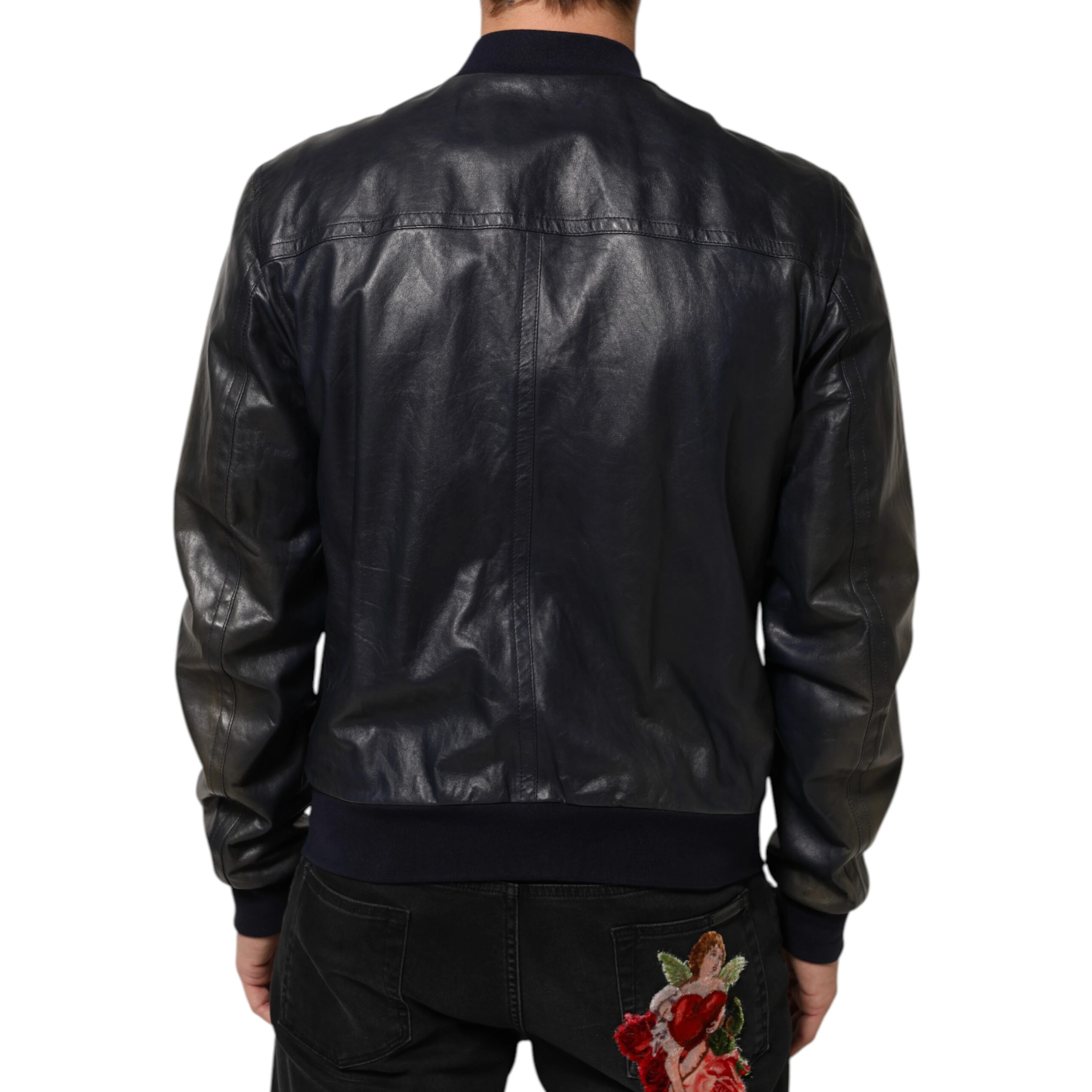 Blue Leather Full Zip Biker Blouson Jacket