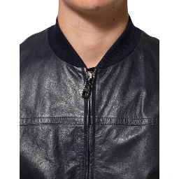 Blue Leather Full Zip Biker Blouson Jacket