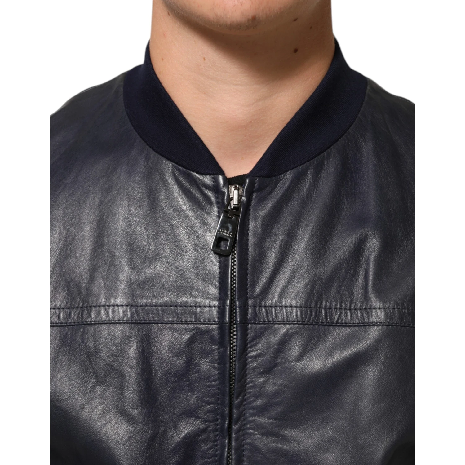 Blue Leather Full Zip Biker Blouson Jacket