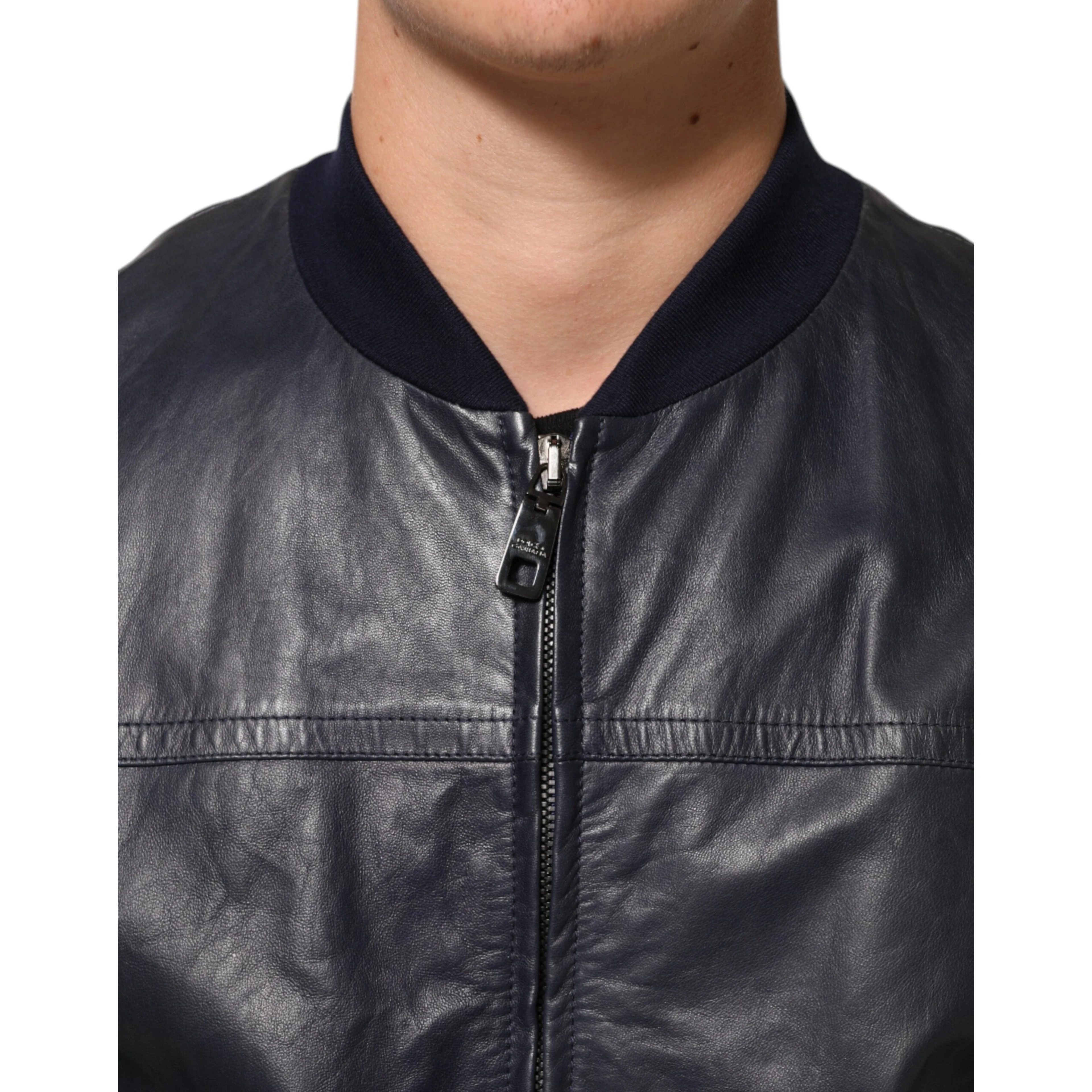 Blue Leather Full Zip Biker Blouson Jacket