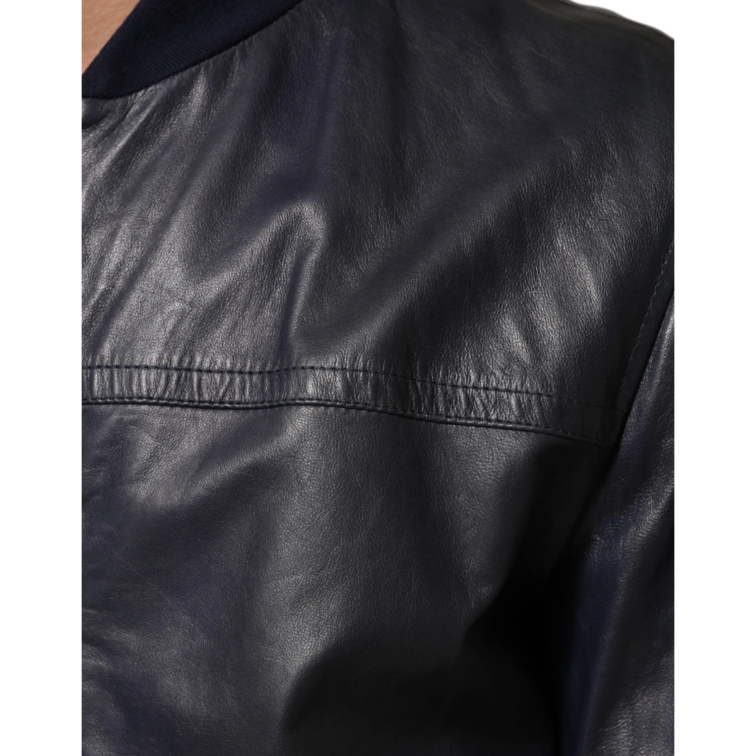 Blue Leather Full Zip Biker Blouson Jacket