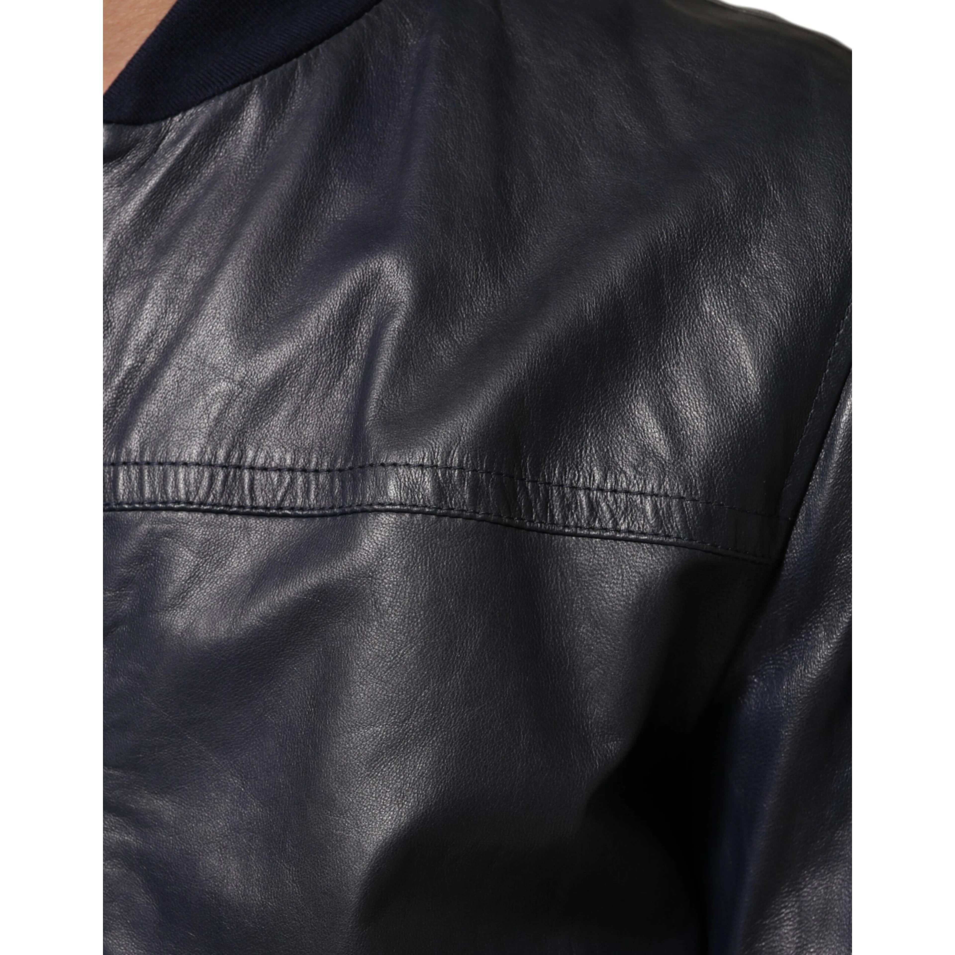 Blue Leather Full Zip Biker Blouson Jacket