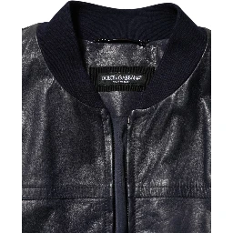 Blue Leather Full Zip Biker Blouson Jacket