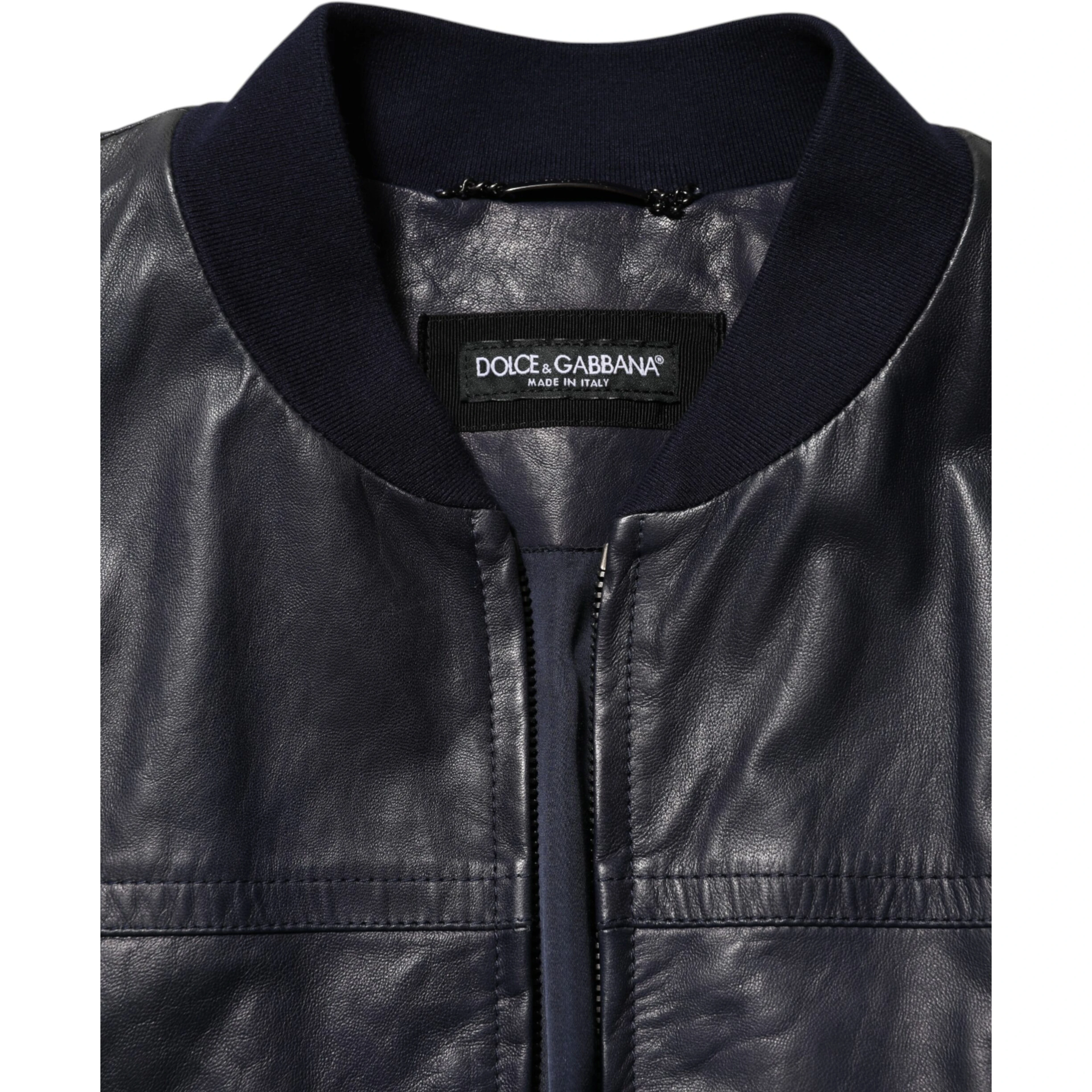 Blue Leather Full Zip Biker Blouson Jacket