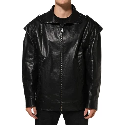 Black Leather Full Zip Biker Blouson Jacket