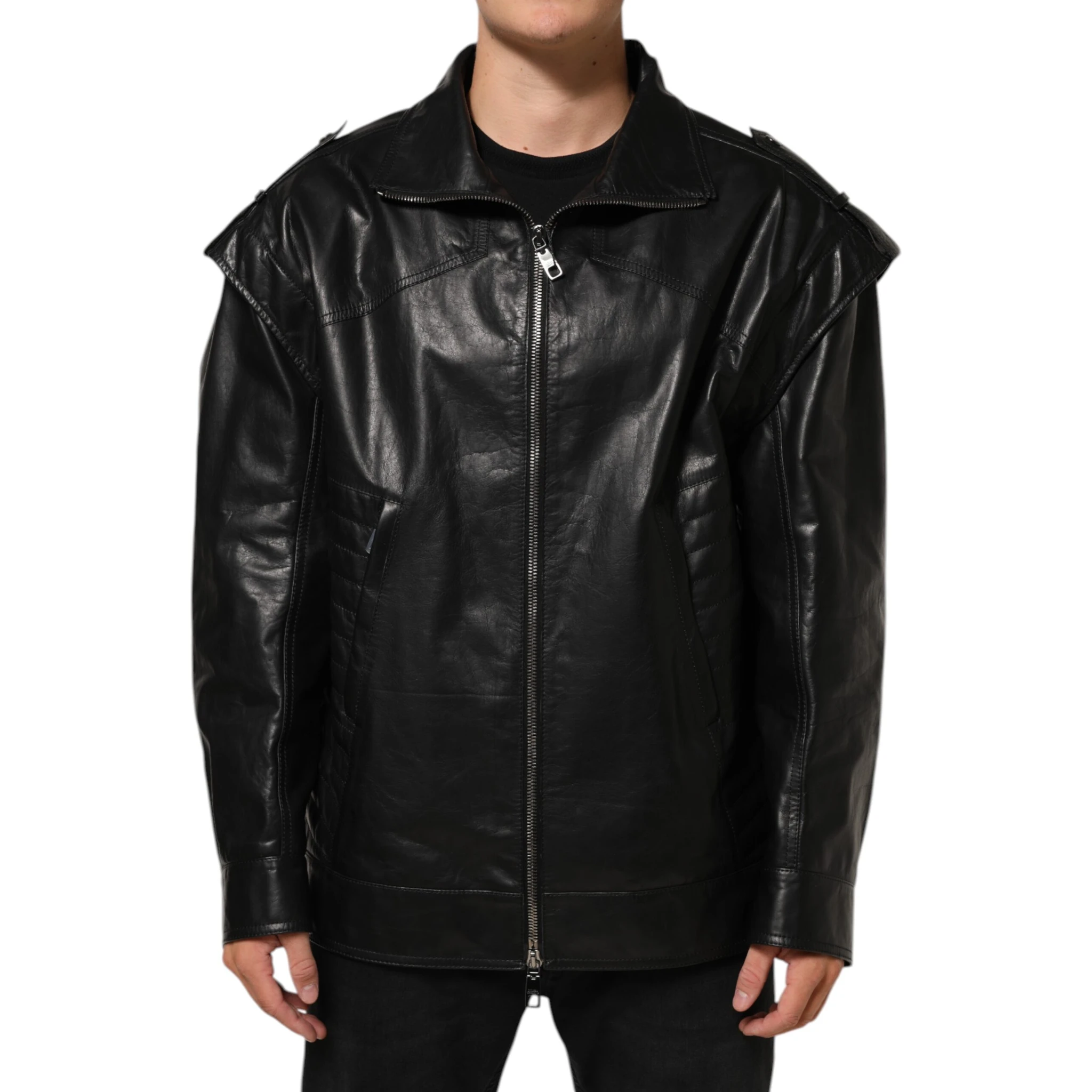 Black Leather Full Zip Biker Blouson Jacket