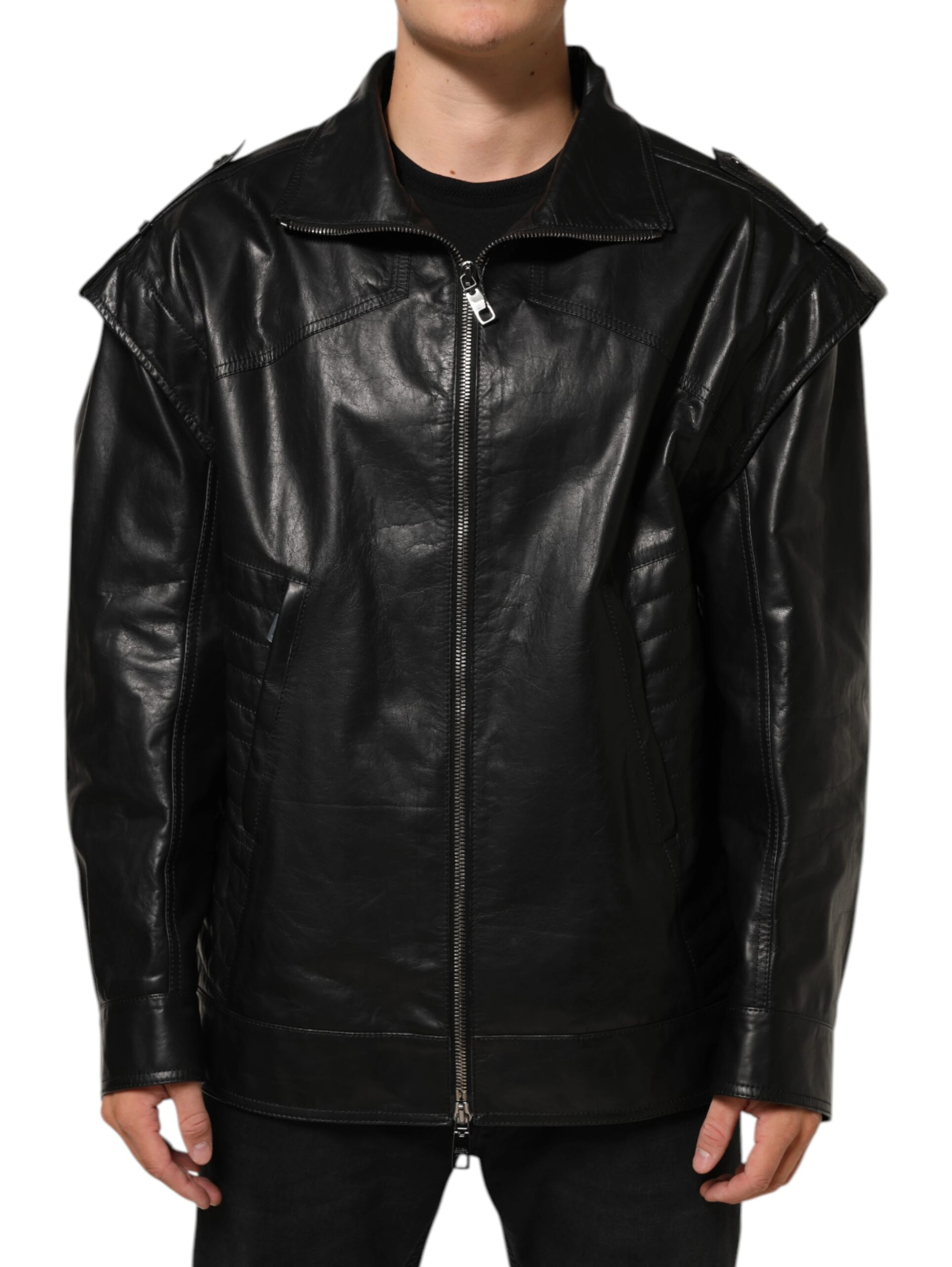 Black Leather Full Zip Biker Blouson Jacket