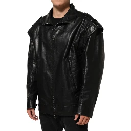 Black Leather Full Zip Biker Blouson Jacket