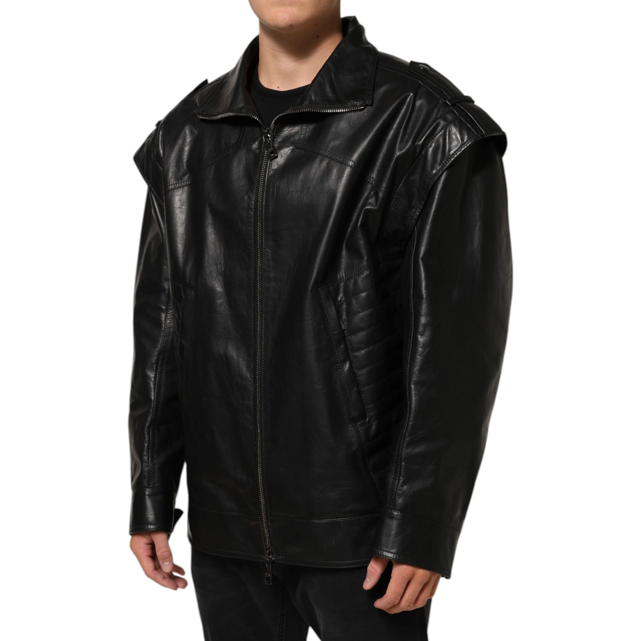Black Leather Full Zip Biker Blouson Jacket