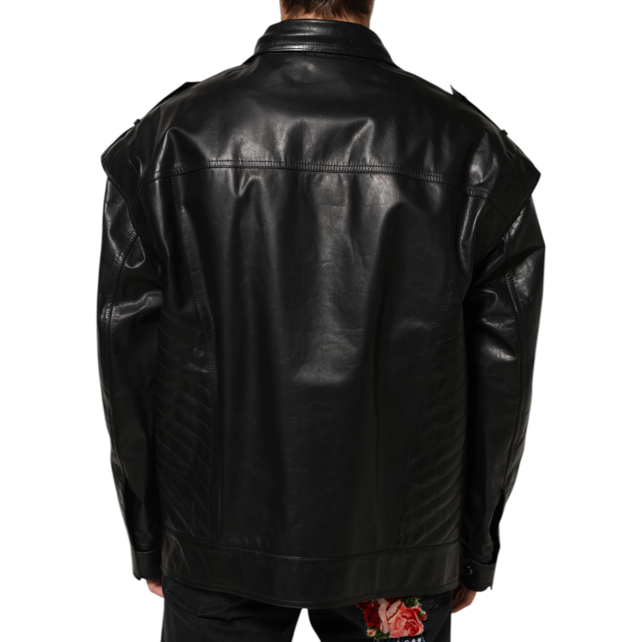 Black Leather Full Zip Biker Blouson Jacket