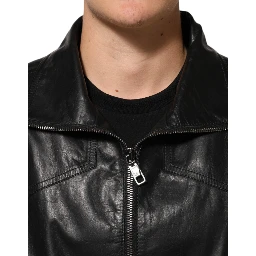Black Leather Full Zip Biker Blouson Jacket