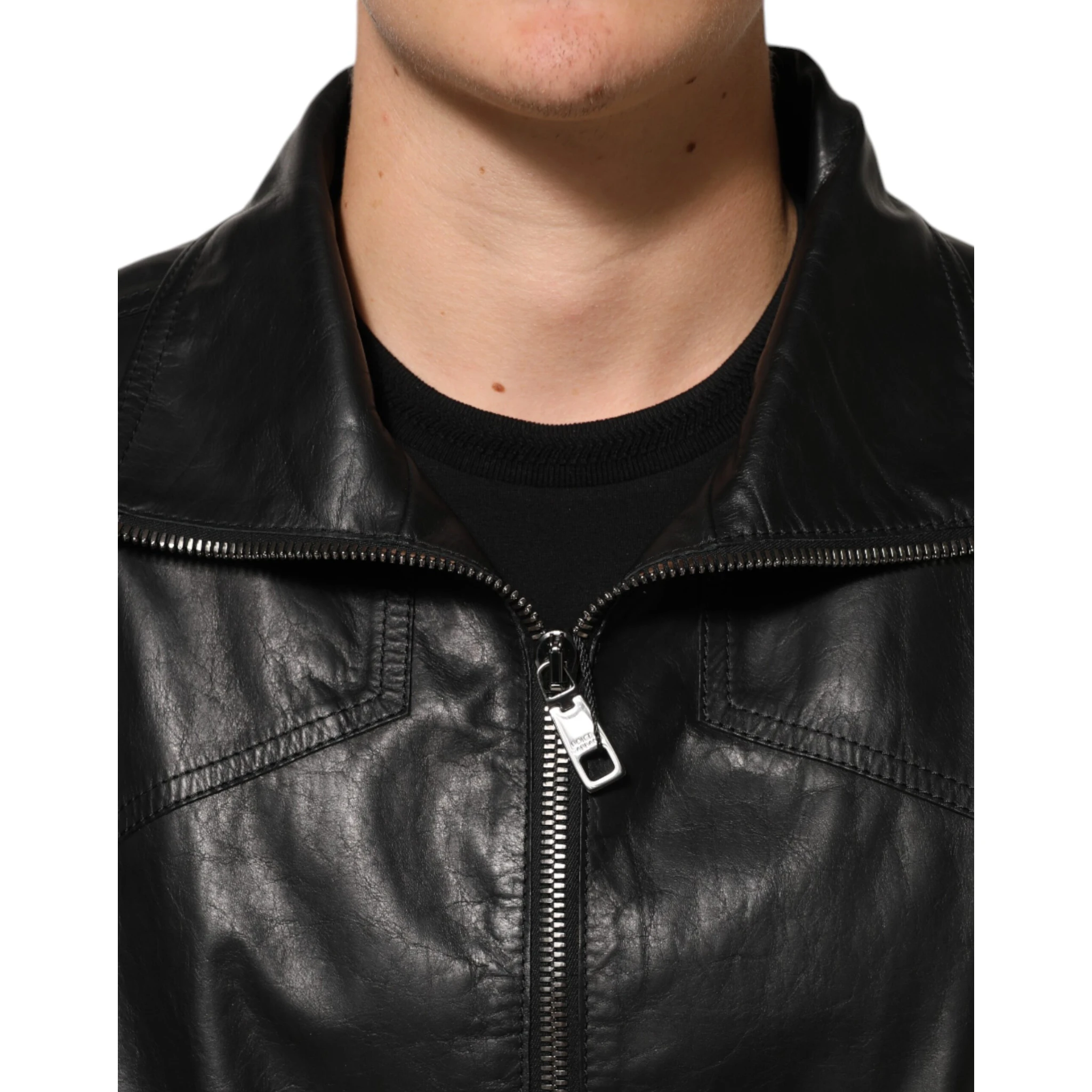 Black Leather Full Zip Biker Blouson Jacket