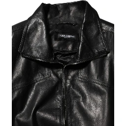 Black Leather Full Zip Biker Blouson Jacket