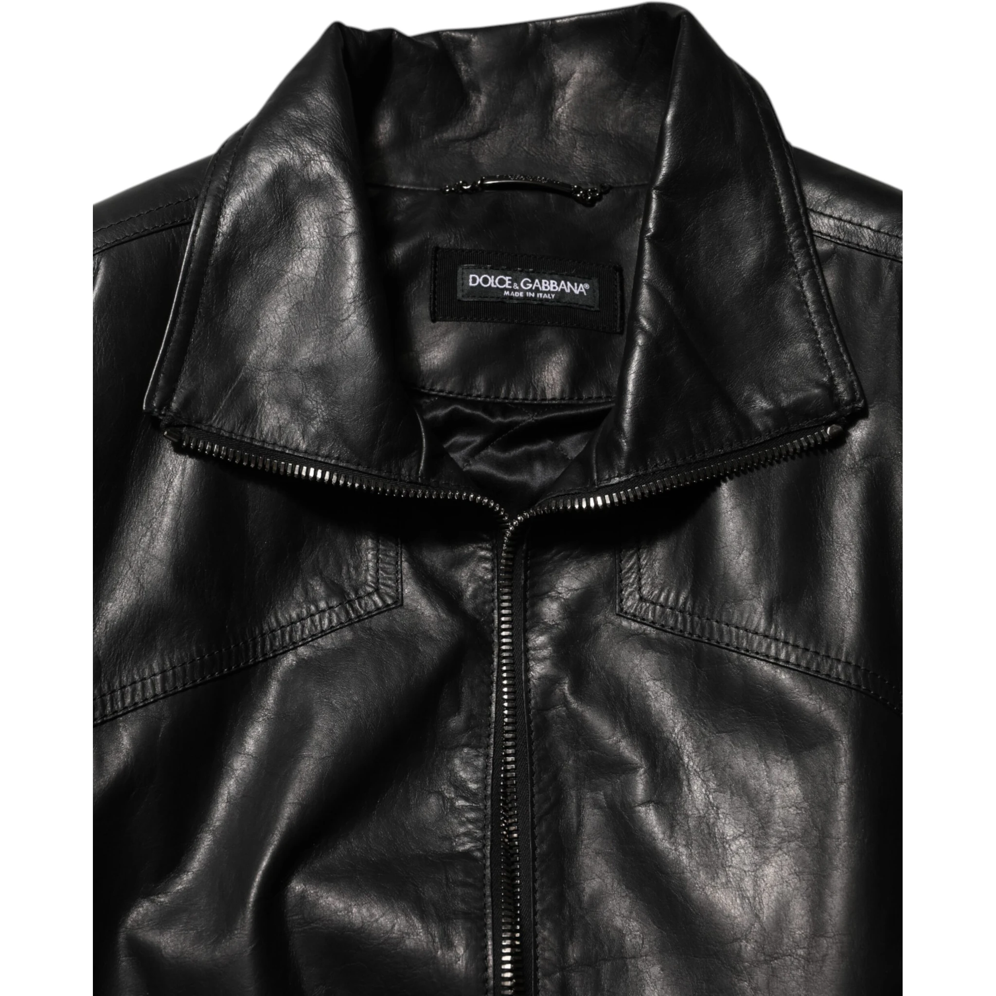 Black Leather Full Zip Biker Blouson Jacket