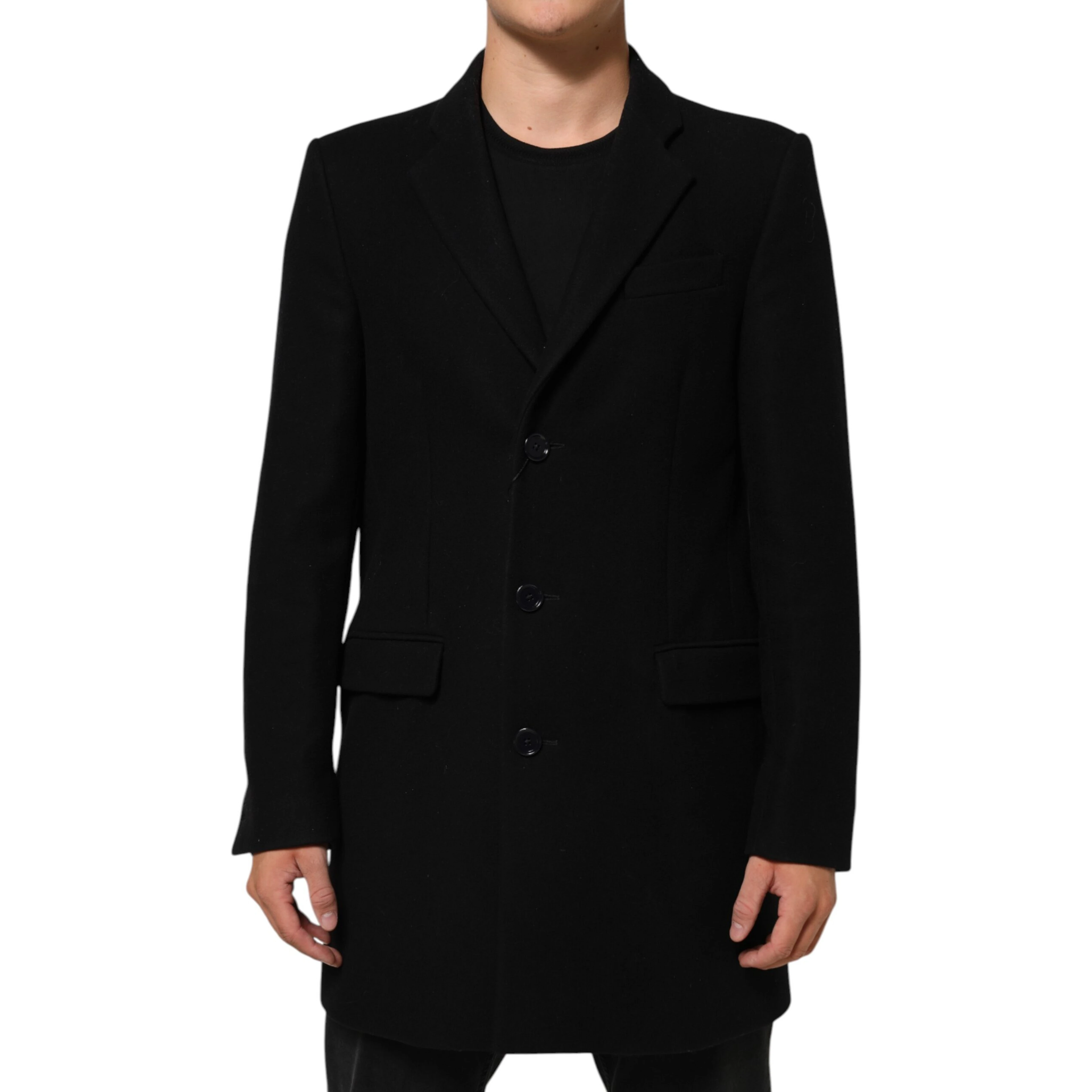 Black Wool Buttoned Men Trench Coat Jacket