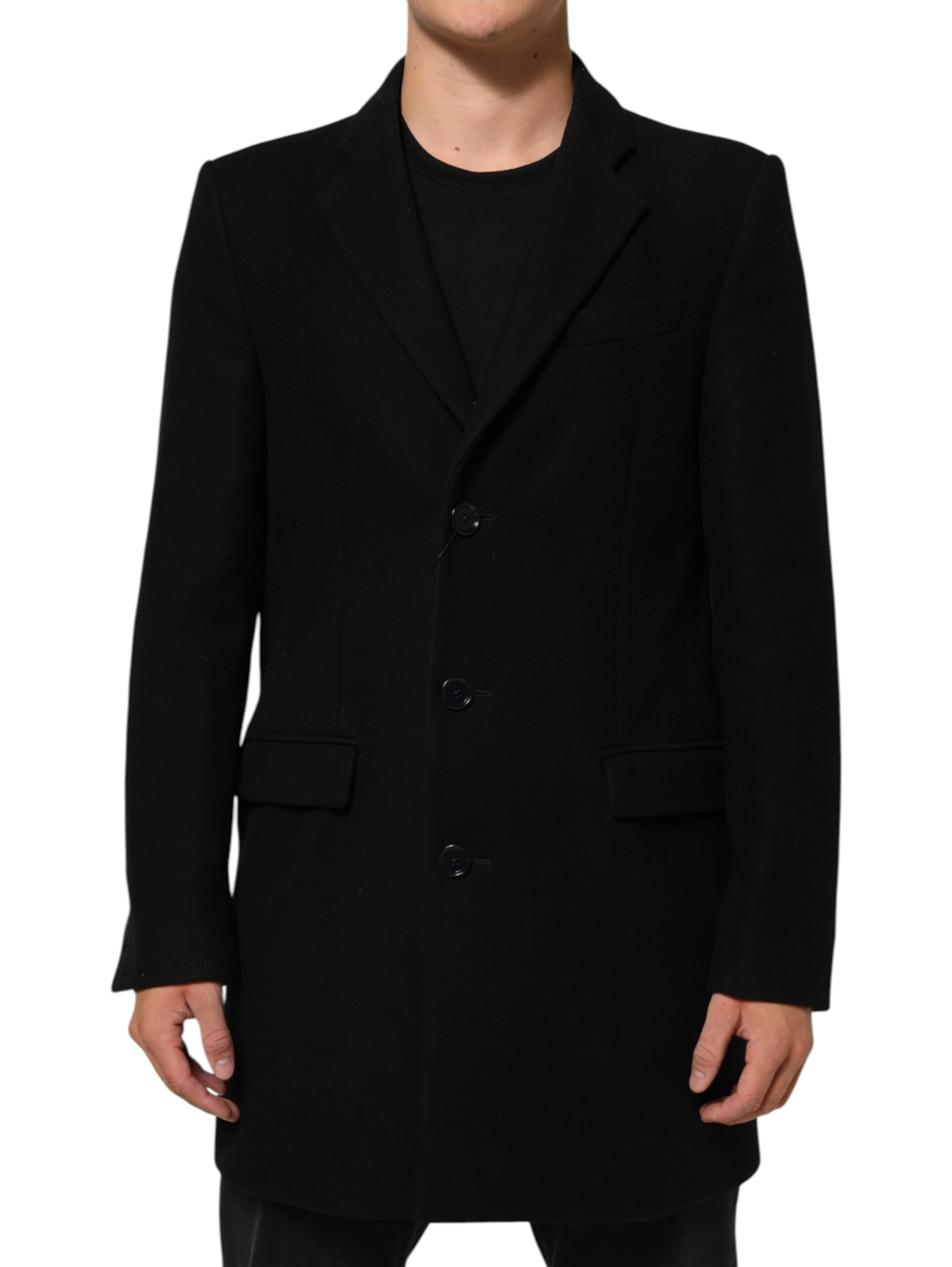 Black Wool Buttoned Men Trench Coat Jacket