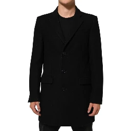Black Wool Buttoned Men Trench Coat Jacket