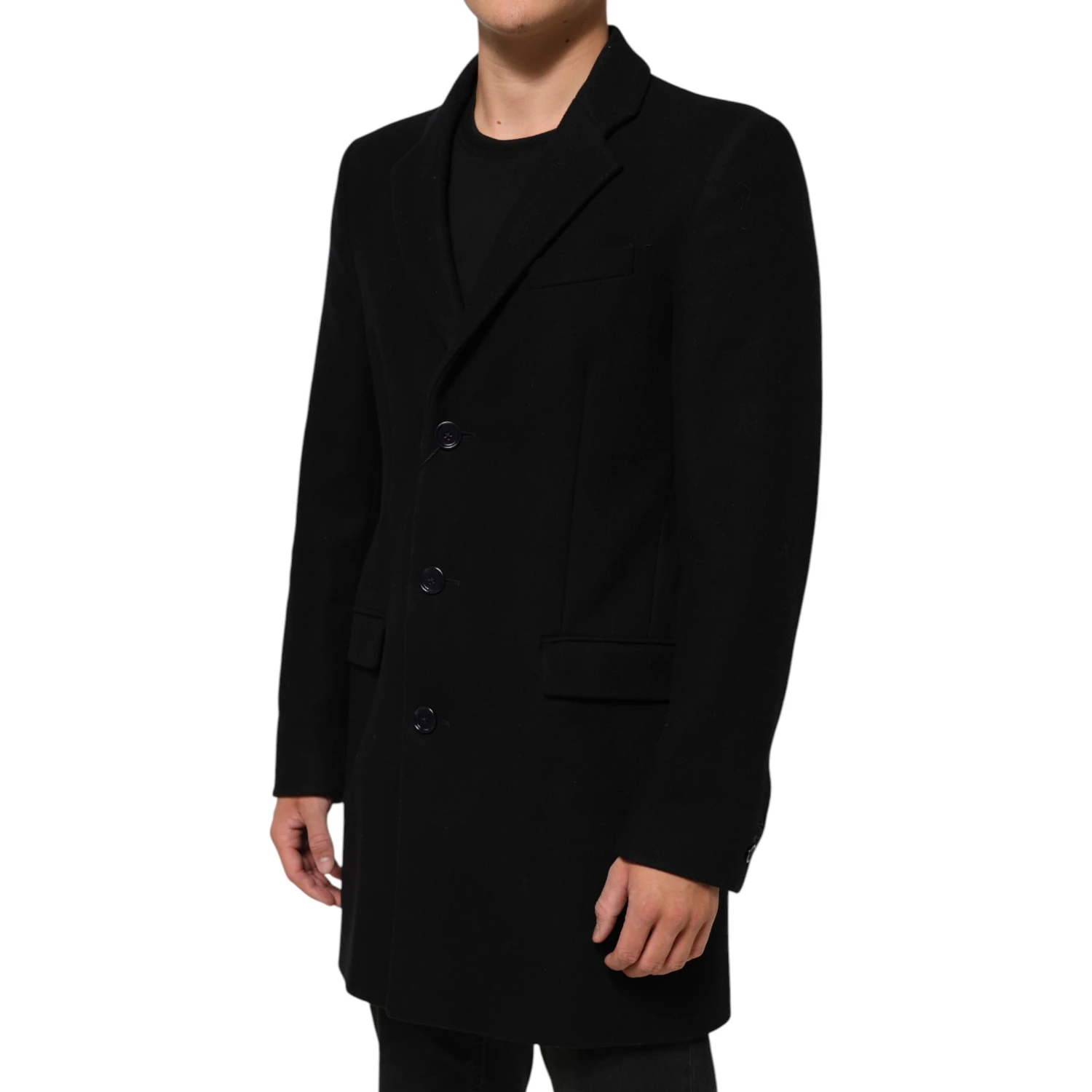 Black Wool Buttoned Men Trench Coat Jacket