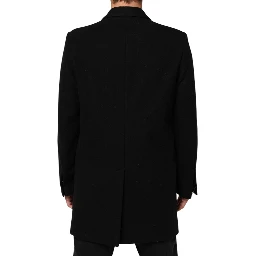 Black Wool Buttoned Men Trench Coat Jacket