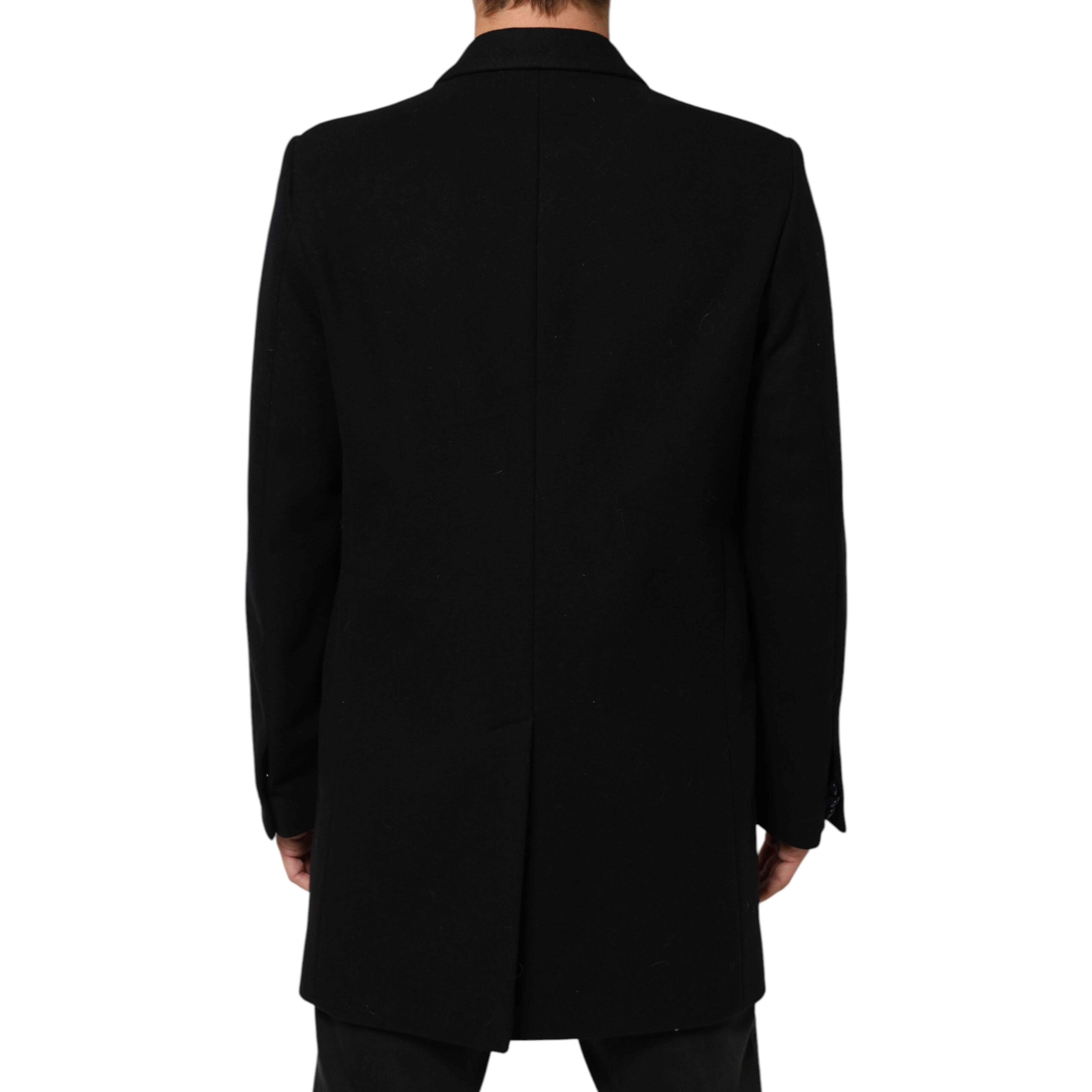Black Wool Buttoned Men Trench Coat Jacket