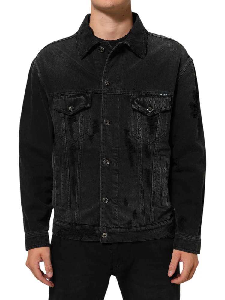 Black Cotton Stretch Denim Blouson Jacket