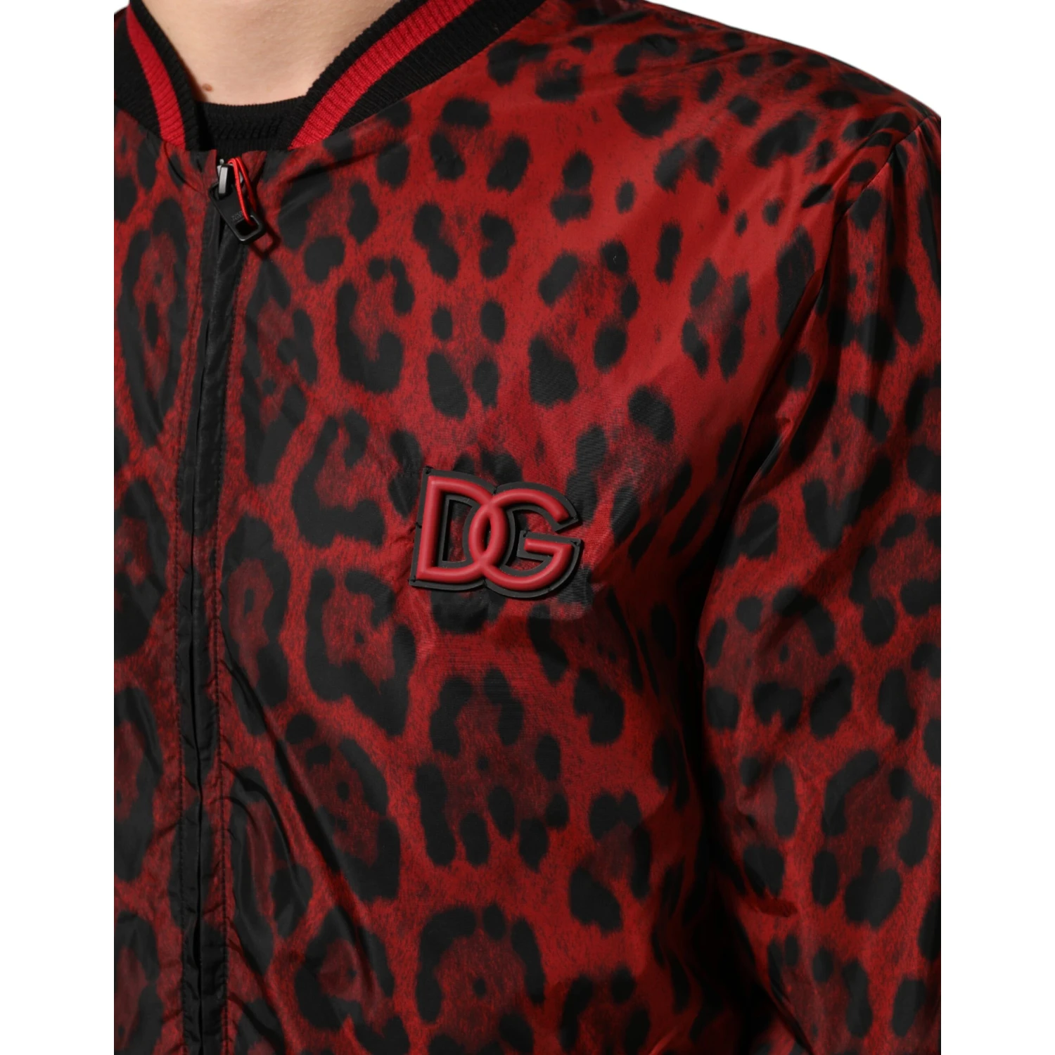 Red Leopard Print Full Zip Bomber Jacket