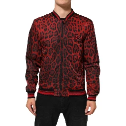 Red Leopard Print Full Zip Bomber Men Jacket