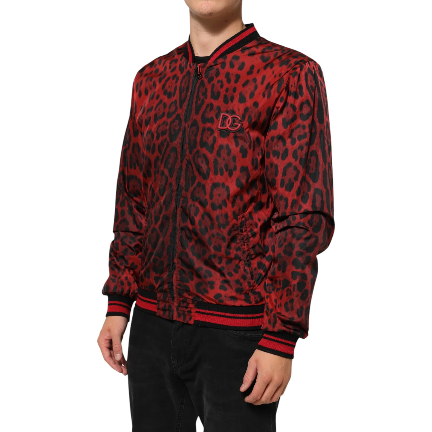 Red Leopard Print Full Zip Bomber Men Jacket