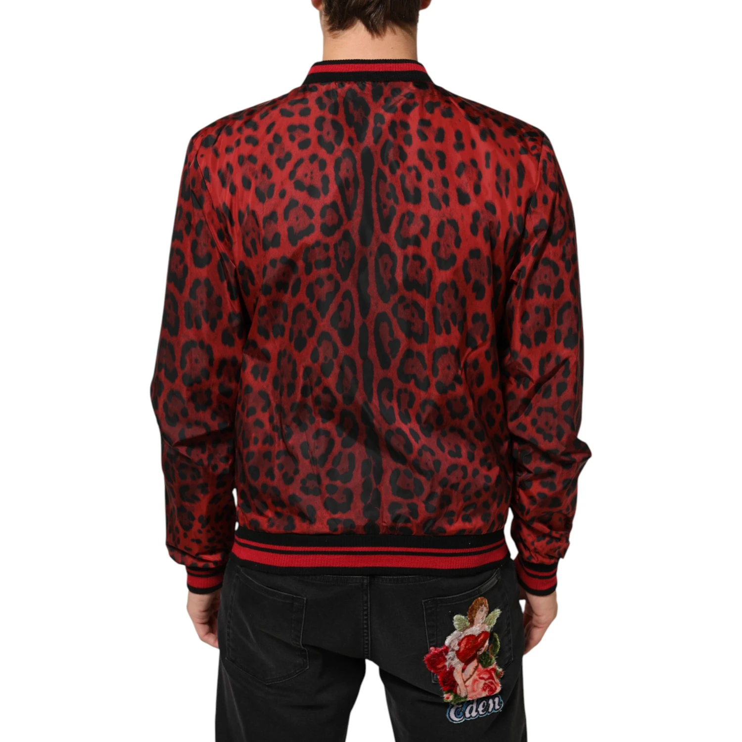 Red Leopard Print Full Zip Bomber Men Jacket