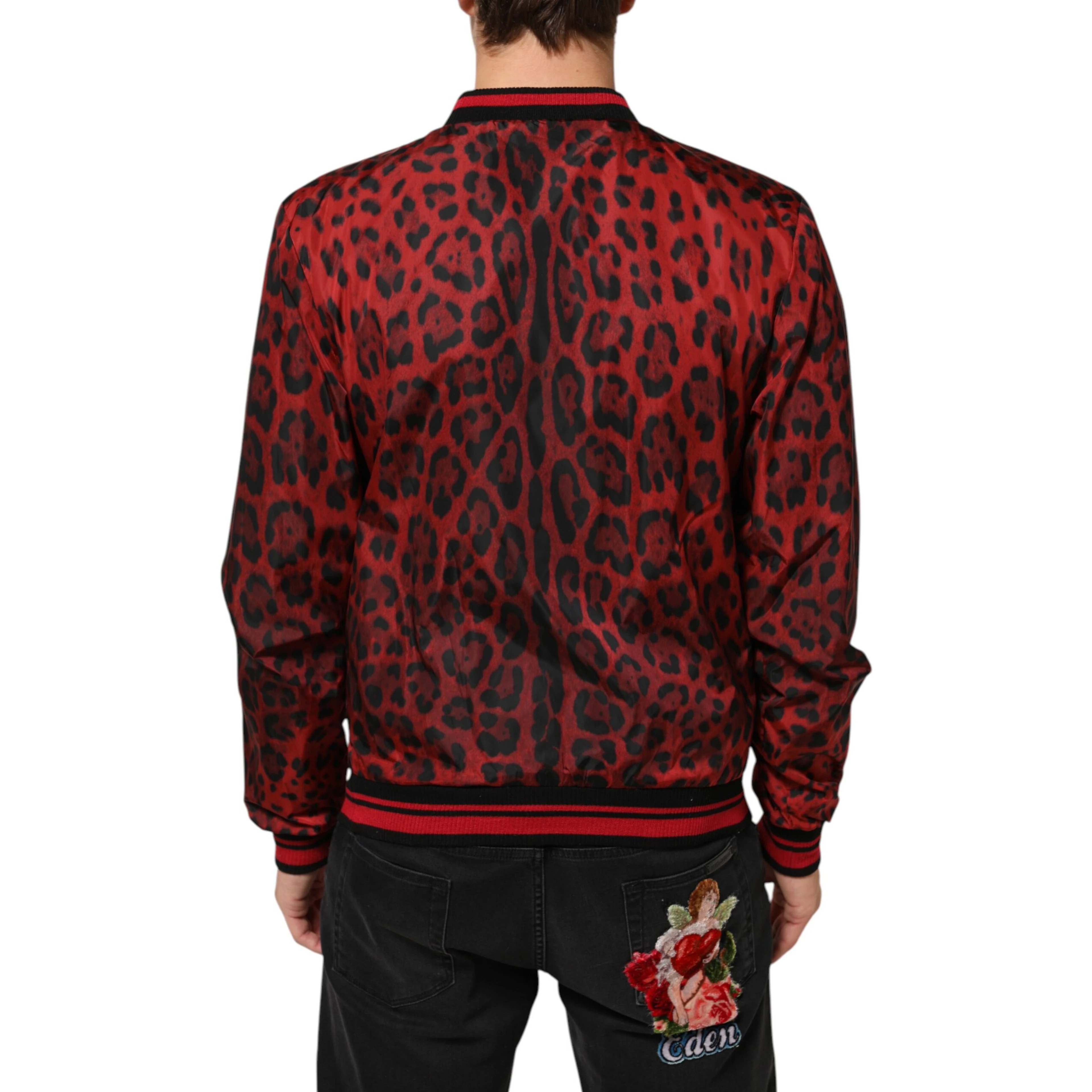 Red Leopard Print Full Zip Bomber Men Jacket