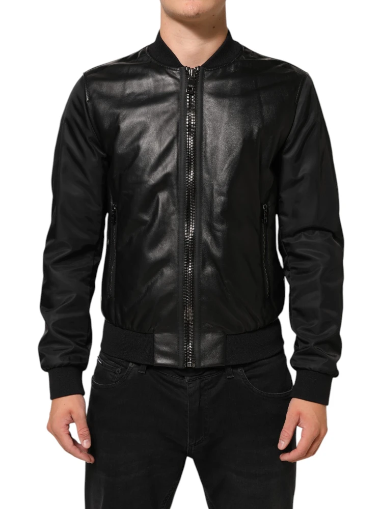 Black Leather Nylon FullZip Blouson Jacket