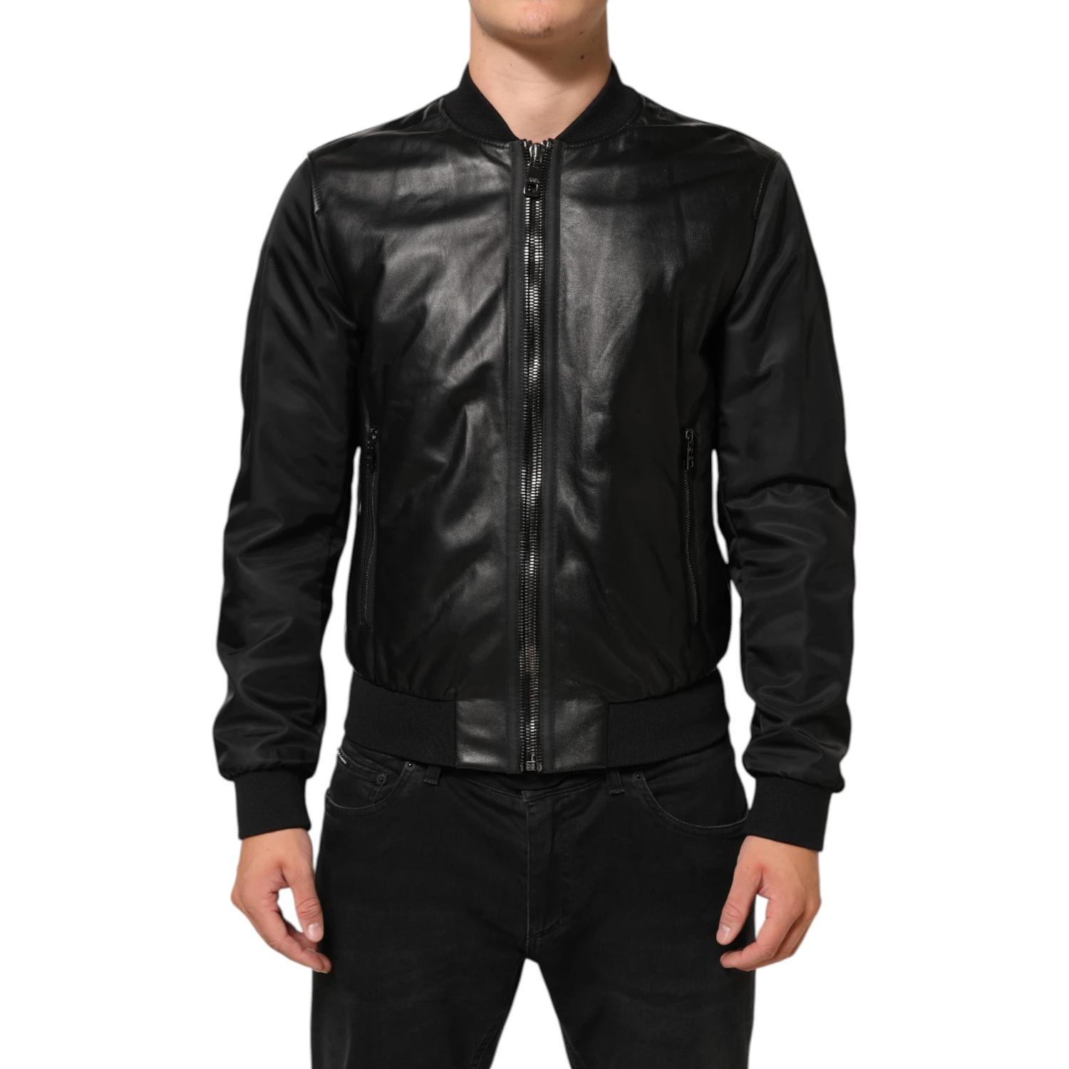 Black Leather Nylon FullZip Blouson Jacket