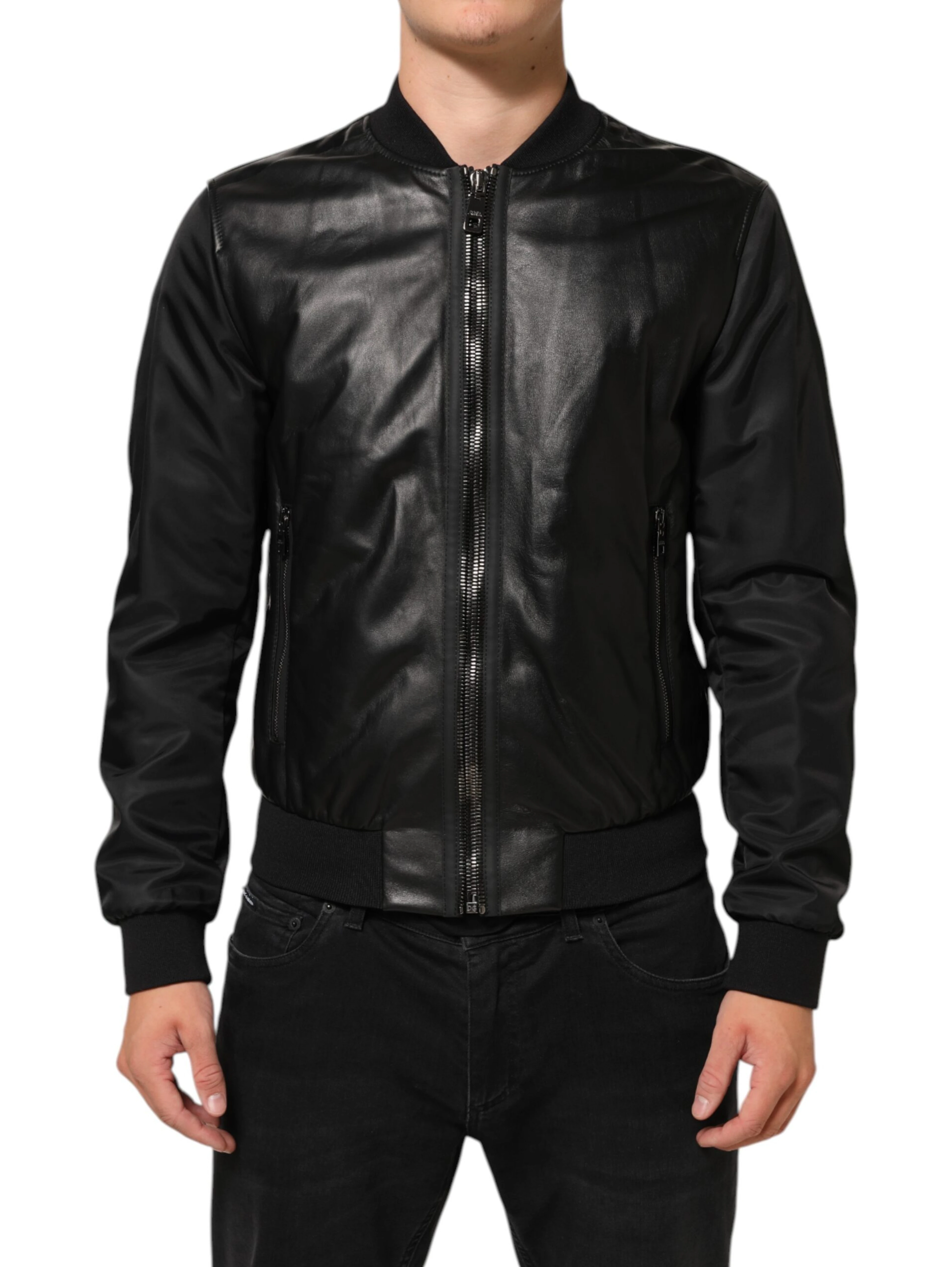 Black Leather Nylon FullZip Blouson Jacket