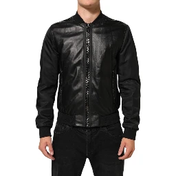 Black Leather Nylon FullZip Blouson Jacket