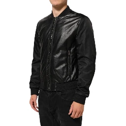 Black Leather Nylon FullZip Blouson Jacket