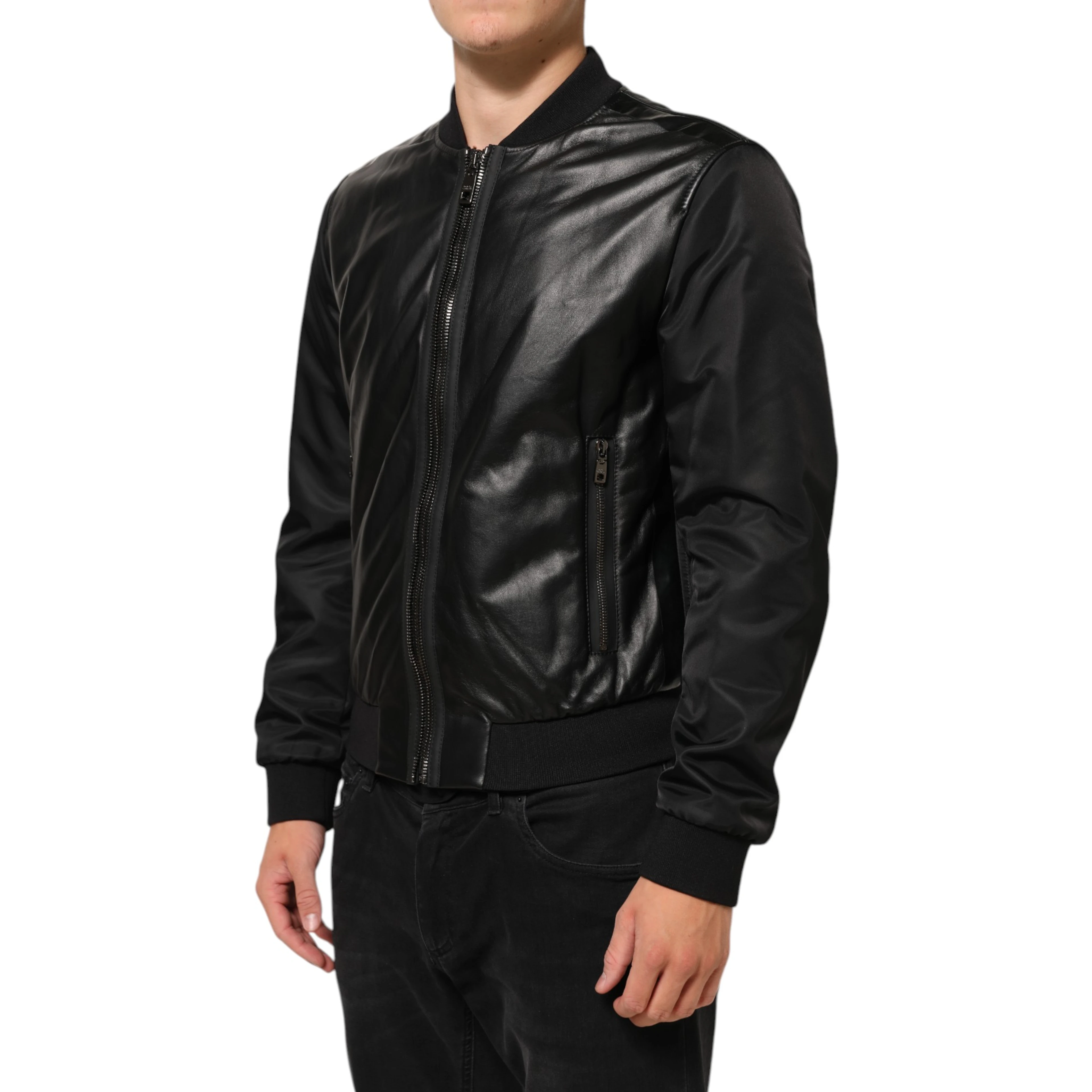 Black Leather Nylon FullZip Blouson Jacket
