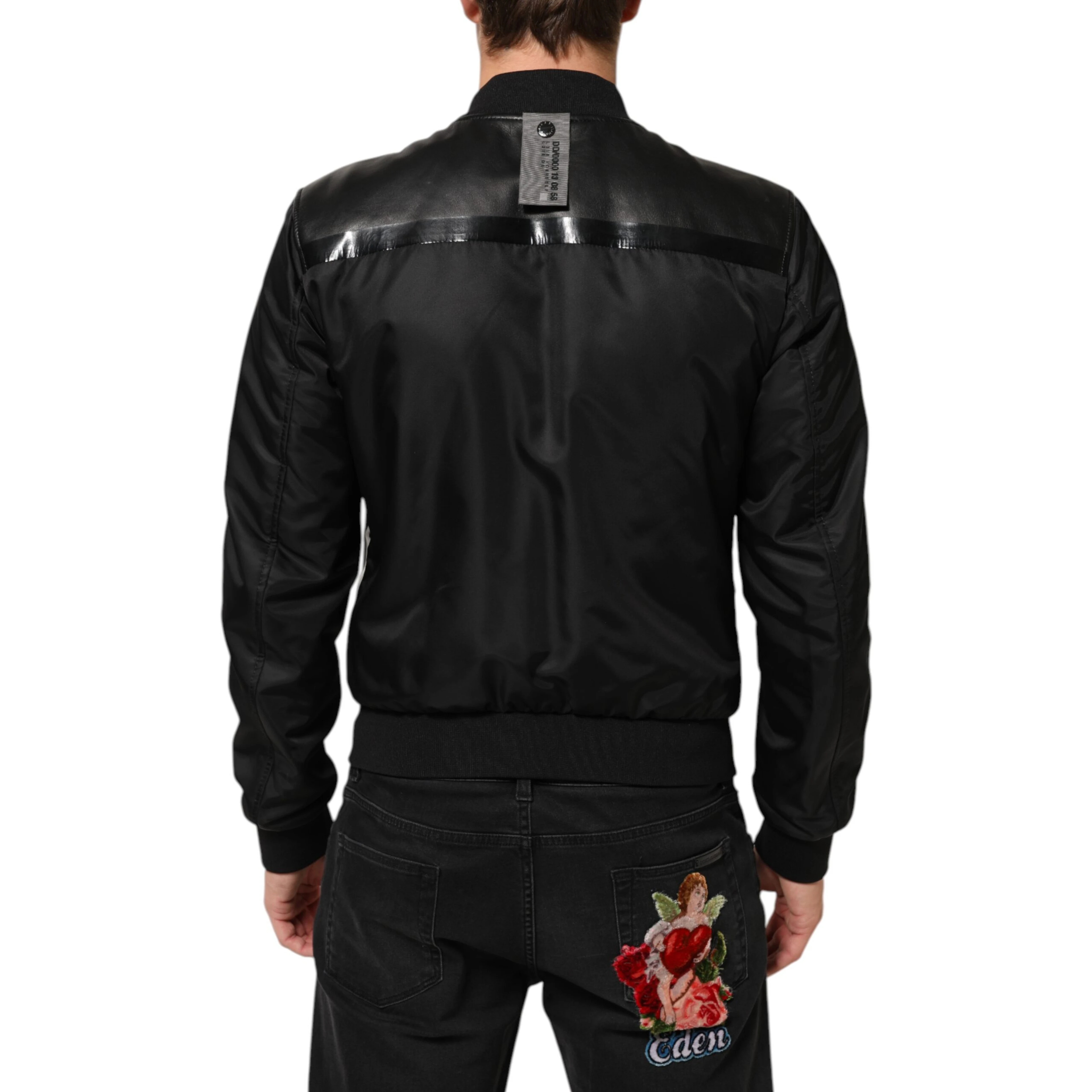Black Leather Nylon FullZip Blouson Jacket
