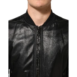 Black Leather Nylon FullZip Blouson Jacket