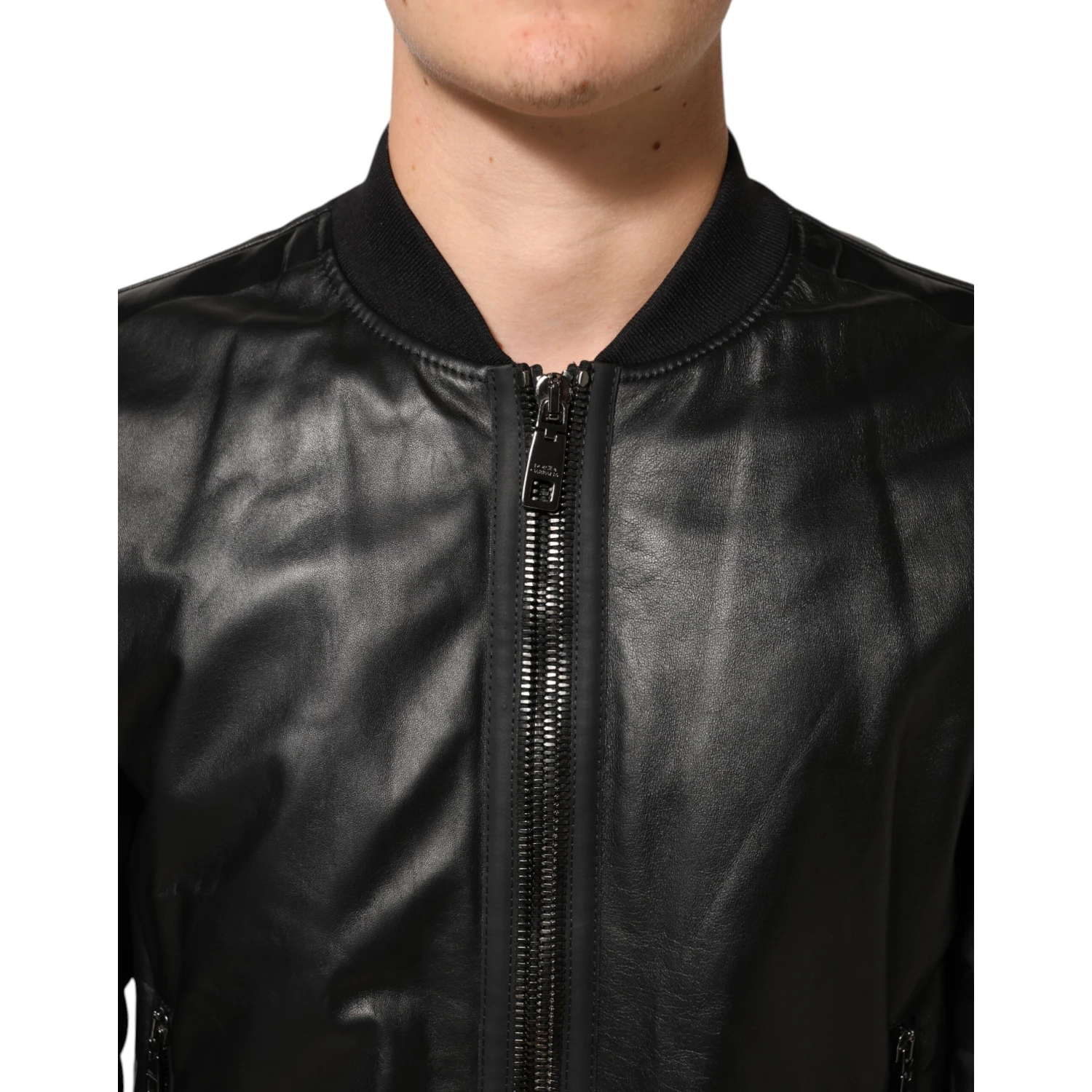 Black Leather Nylon FullZip Blouson Jacket