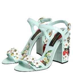 Mint Green Floral Studs Heels Sandals Shoes