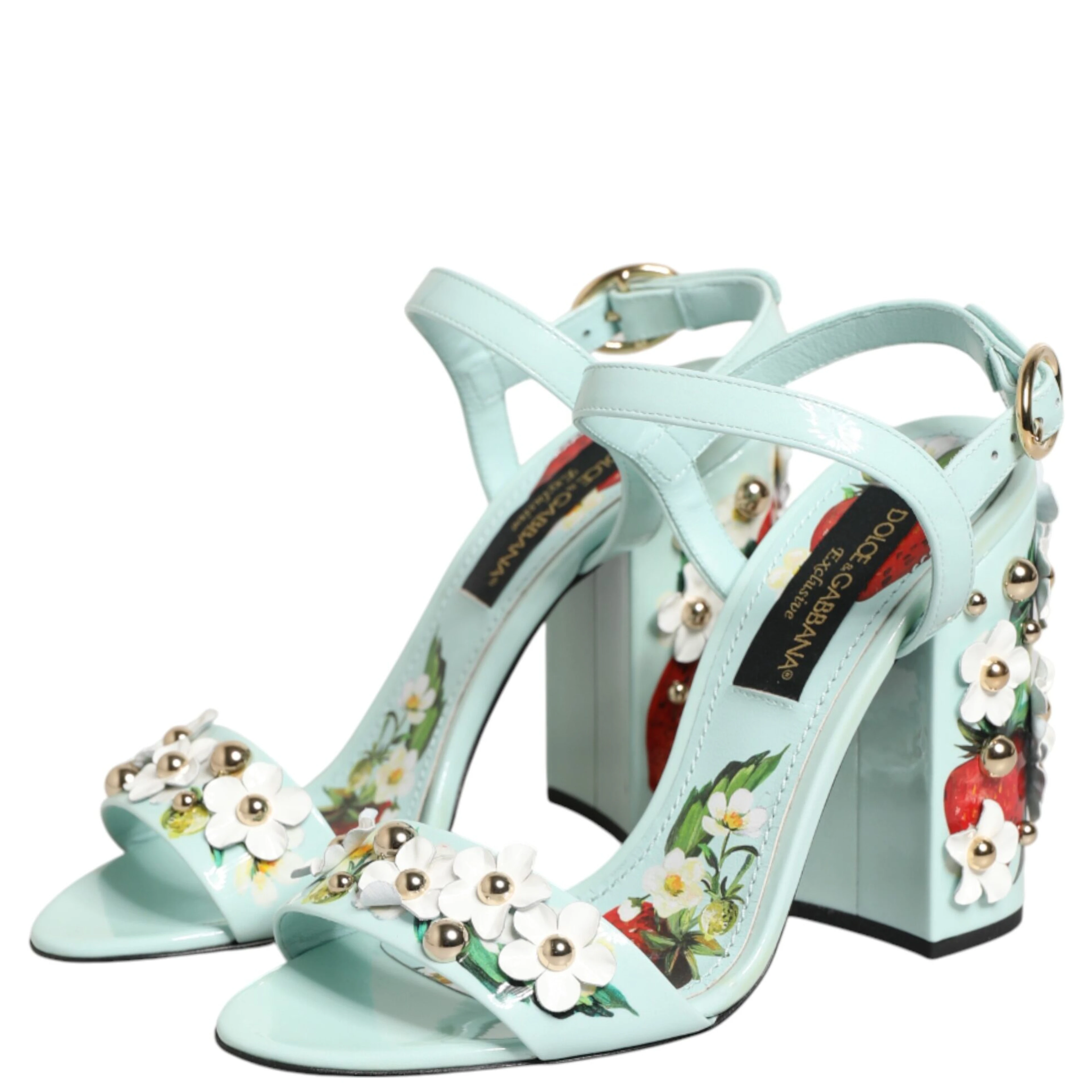 Mint Green Floral Studs Heels Sandals Shoes