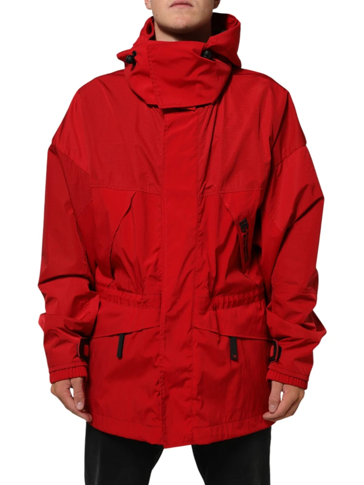Red Nylon Hooded Men Full Zip Parka Jacket