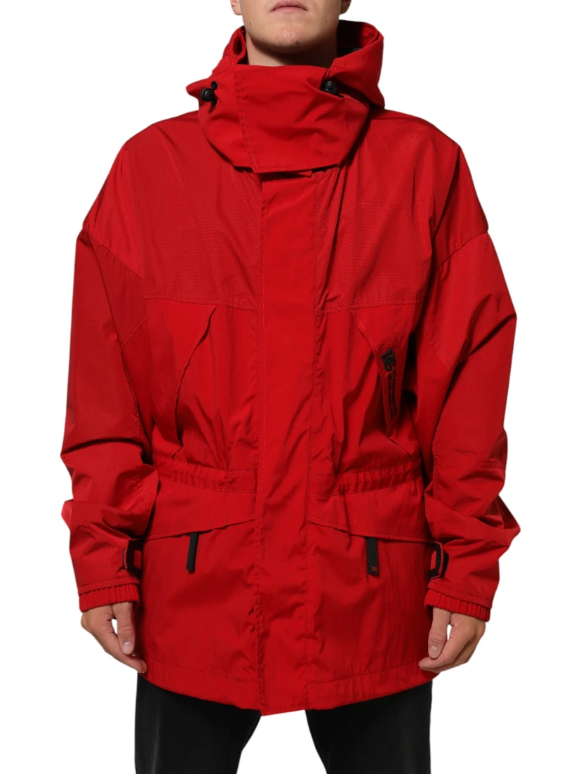 Red Nylon Hooded Men Full Zip Parka Jacket