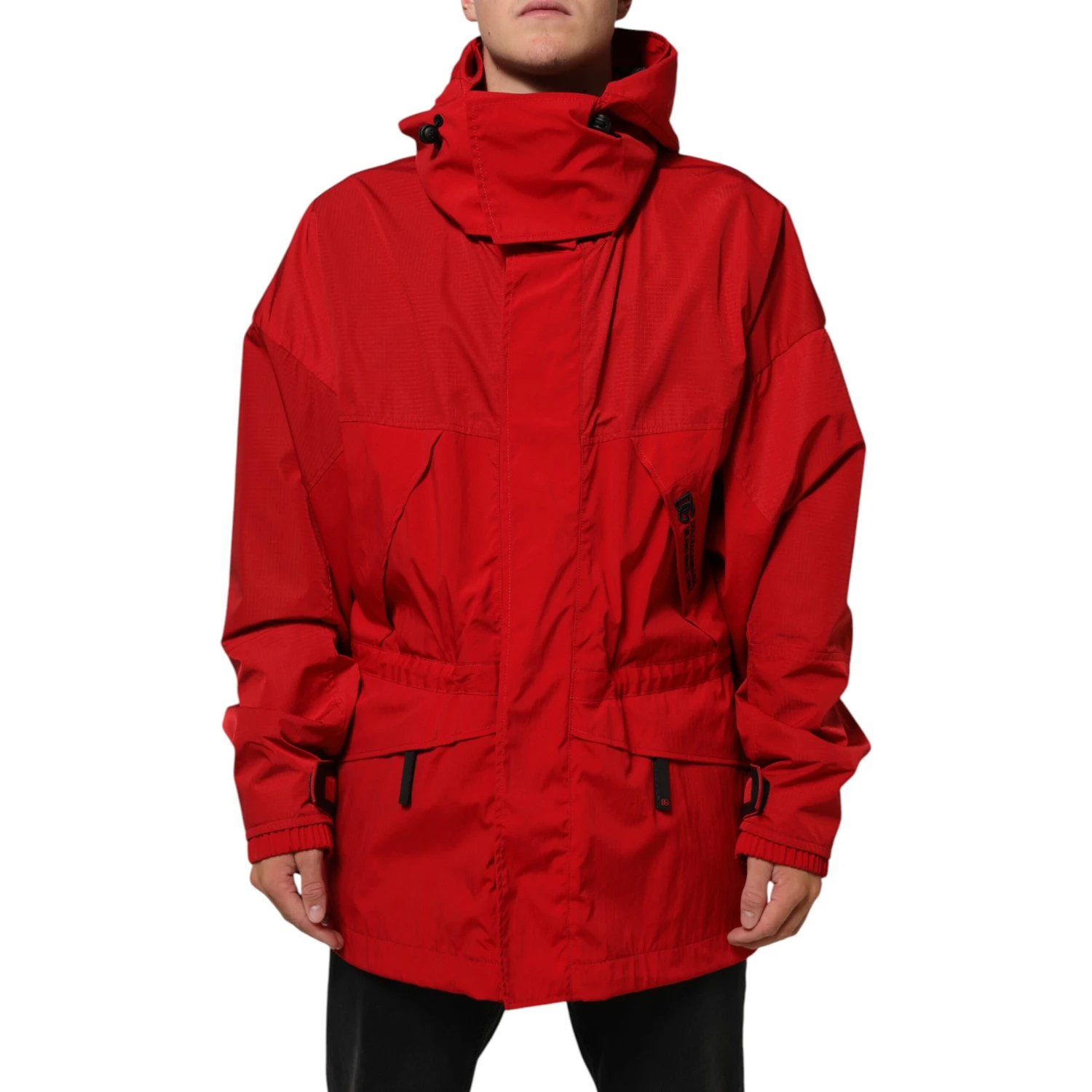 Red Nylon Hooded Men Full Zip Parka Jacket