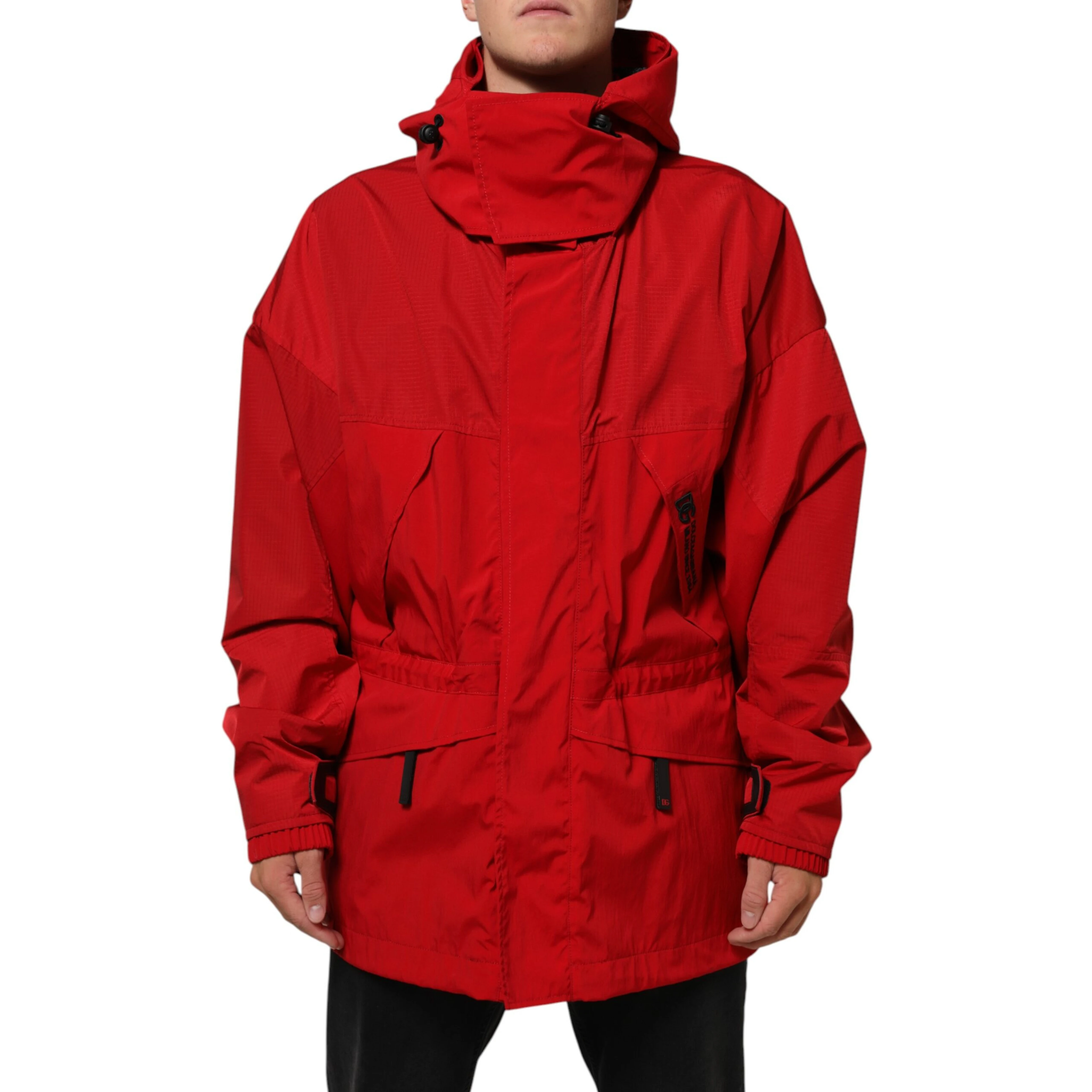 Red Nylon Hooded Men Full Zip Parka Jacket