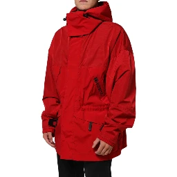 Red Nylon Hooded Men Full Zip Parka Jacket