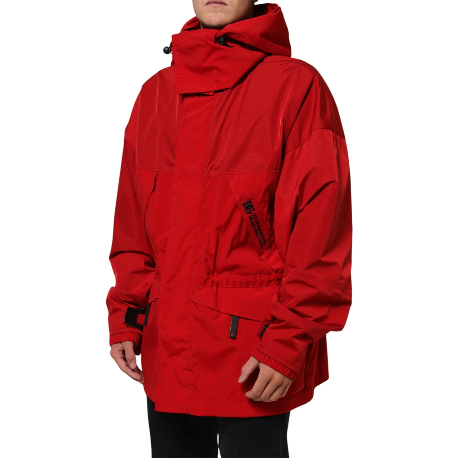 Red Nylon Hooded Men Full Zip Parka Jacket