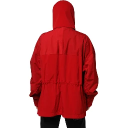 Red Nylon Hooded Men Full Zip Parka Jacket
