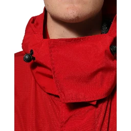 Red Nylon Hooded Men Full Zip Parka Jacket